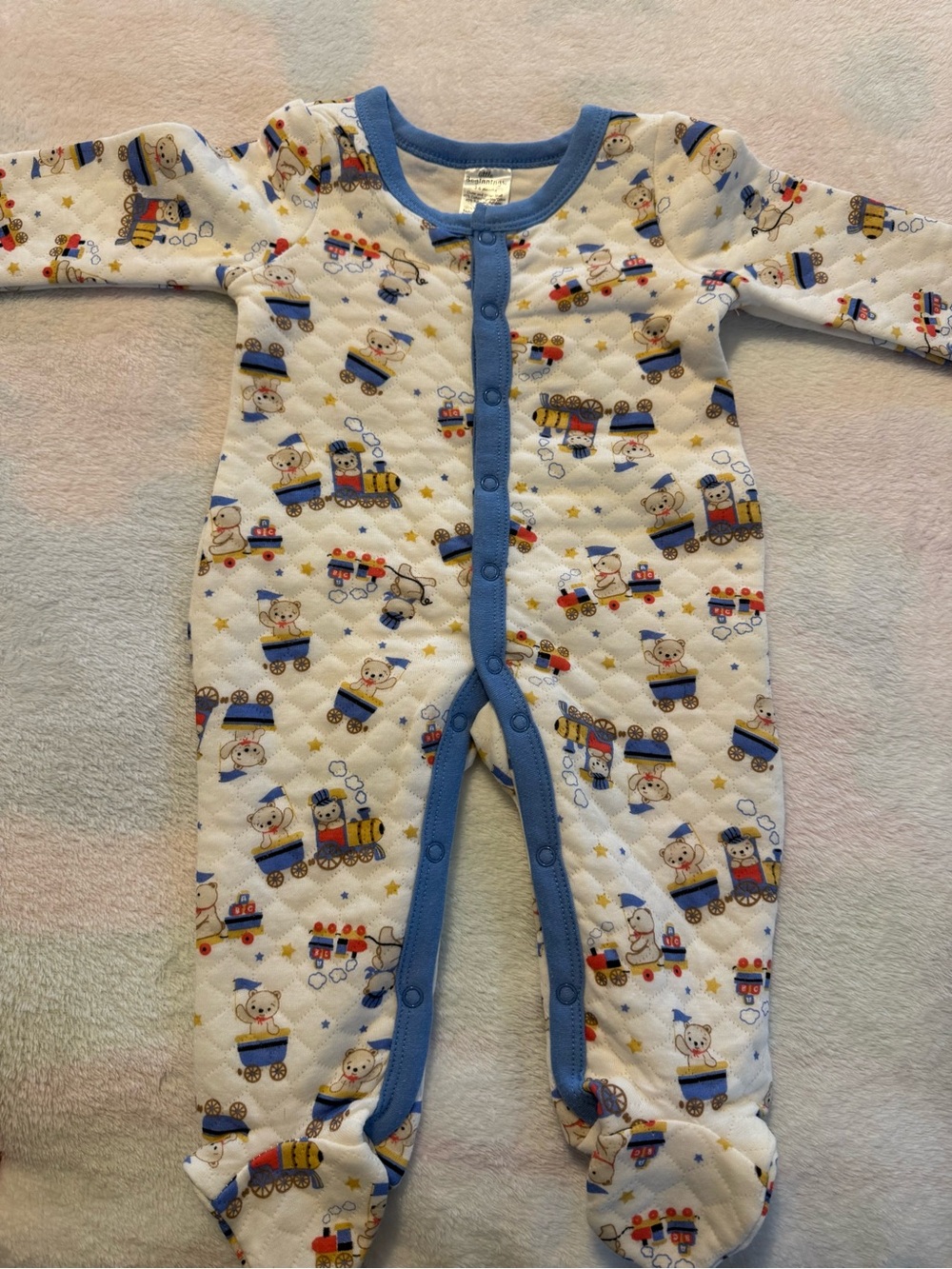 White Quilted Baby Footie with Blue Trim and Train Print